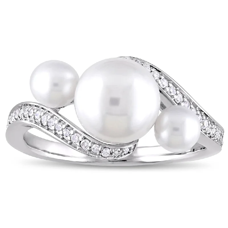 Stackable rings with mixed metal finishes -Miadora 10k White Gold Cultured Freshwater Pearl 1/6ct TDW Diamond Bypass Ring (8-9mm)