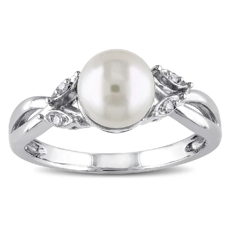 Rings with twisted rose gold band designs -Miadora 10k White Gold, Cultured Freshwater Pearl, and Diamond Accent Ring (7.5-8 mm)