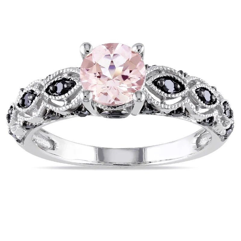 Rings with pave-set gemstones for brilliance -Miadora 10k White Gold Morganite and 1/4ct TDW Black Diamond Ring - Pink