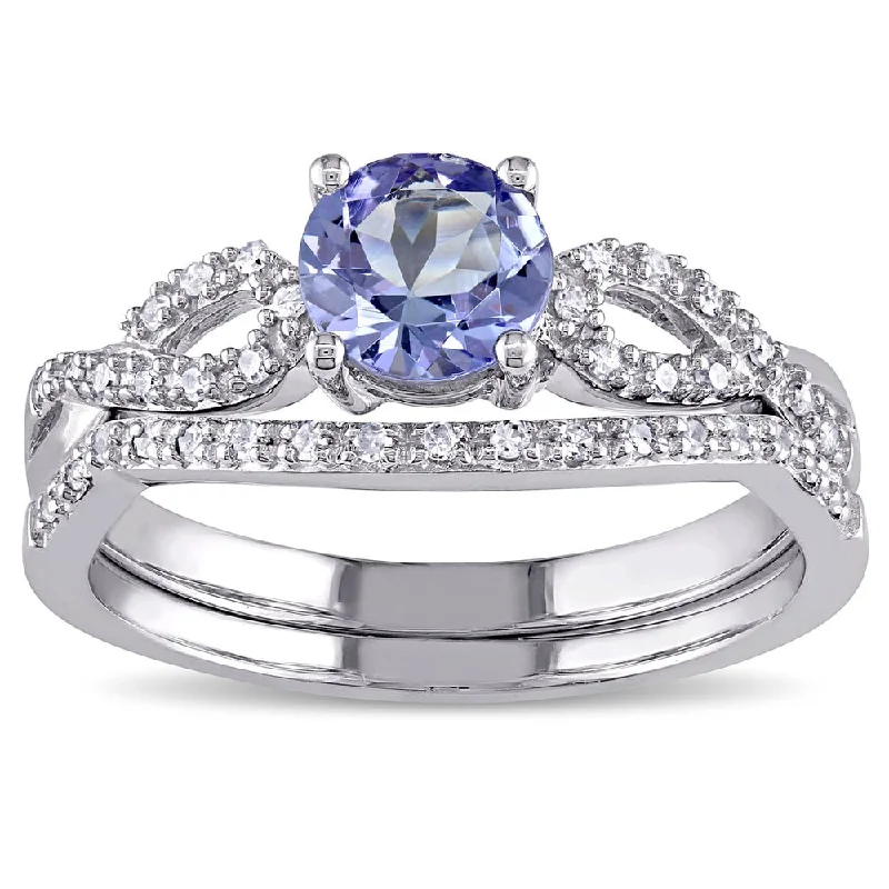 Rings with pave-set gemstones for brilliance -Miadora 10k White Gold Tanzanite and 1/6ct TDW Diamond Bridal Ring Set - Blue