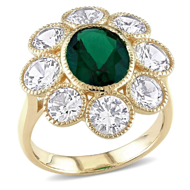 Rings with matte gold for subtle luxury -Miadora 10k Yellow Gold Created Emerald and White Sapphire Flower Cocktail Ring