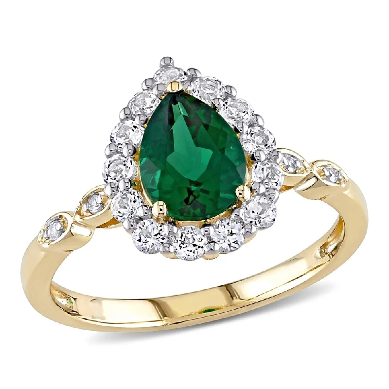 Rings with floral halo diamond arrangements -Miadora 10k Yellow Gold Created Emerald, Created White Sapphire & Diamond Teardrop Halo Engagement Ring