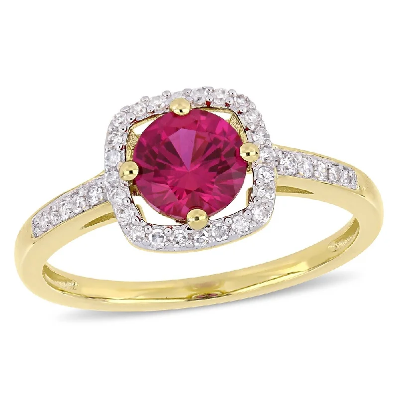 Rings with raw topaz for icy charm -Miadora 10k Yellow Gold Created Ruby and 1/7ct TDW Diamond Floating Square Halo Ring