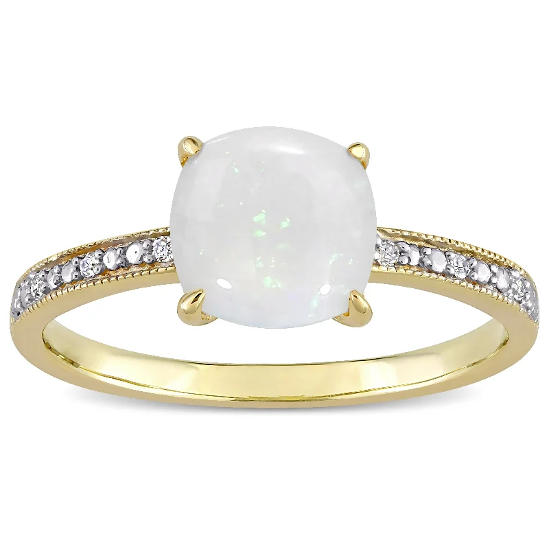 Rings with malachite stones for green patterns -Miadora 10k Yellow Gold Cushion-cut Opal and Diamond Accent Solitaire Engagement Ring