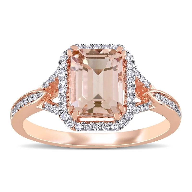 Bold rings with oversized amethyst gemstones -Miadora 14k Rose Gold Morganite and 1/5ct TDW Diamond Split Shank Halo Cocktail Ring