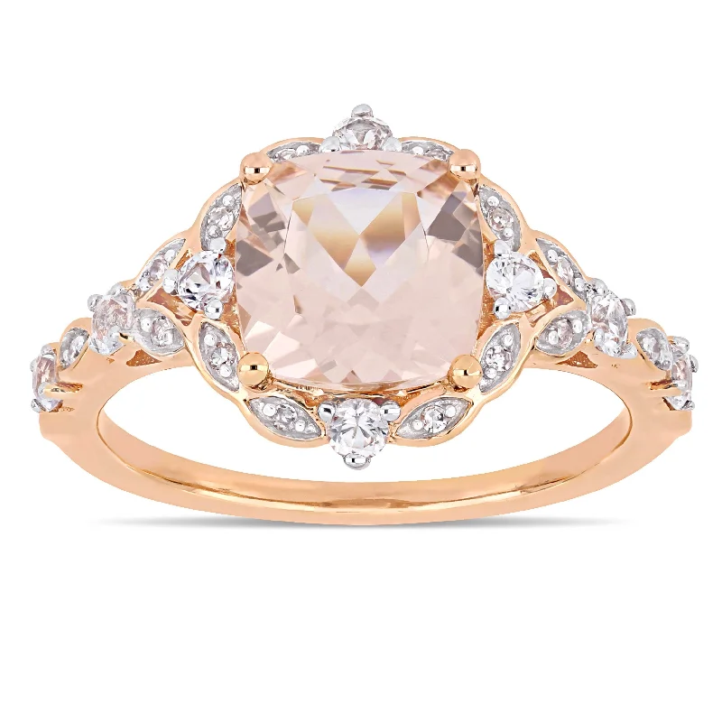 Handcrafted rings with raw emerald rough stones -Miadora 14k Rose Gold Morganite White Sapphire & Diamond Vintage Ring