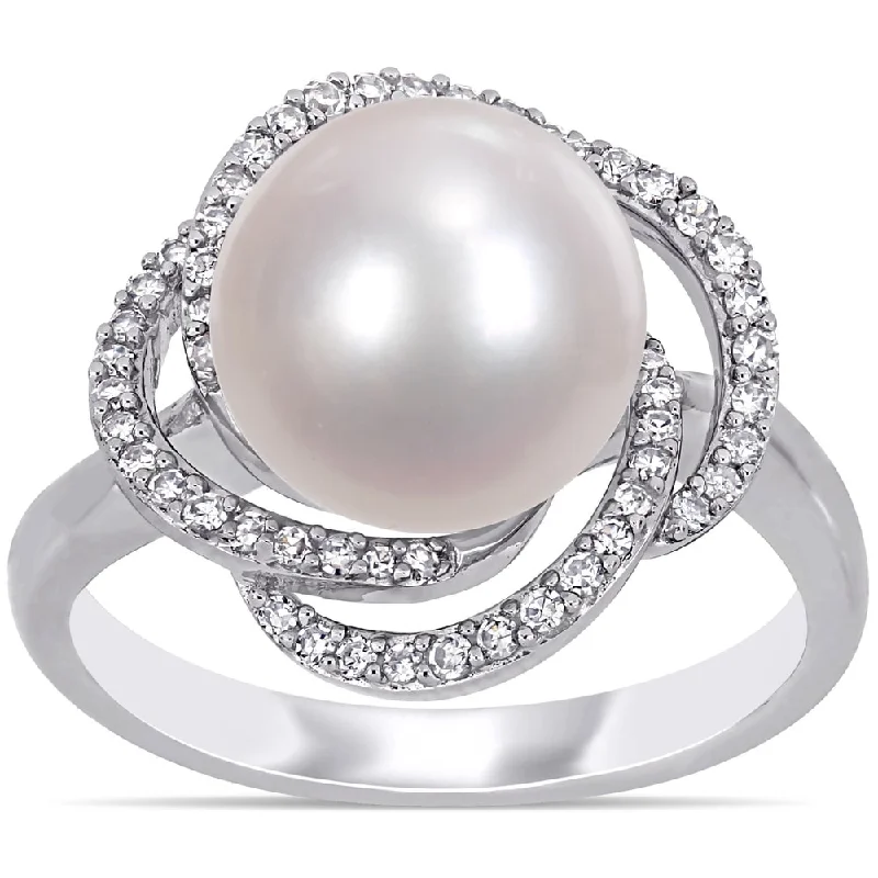 Rings with knot motifs for symbolic love -Miadora 14k White Gold Cultured FW Pearl and 1/4ct TDW Diamond Crossover Halo Ring (10-11 MM)