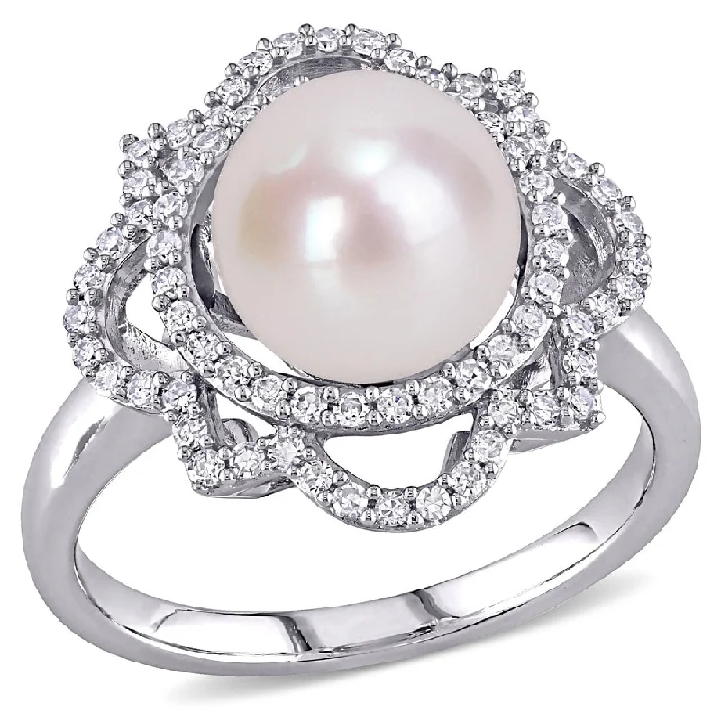 Rings with shield-shaped stones for boldness -Miadora 14k White Gold Cultured FW Pearl and 3/8ct TDW Diamond Floral Halo Ring (9-9.5 MM)