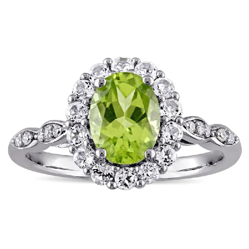 Rings with aquamarine stones for ocean charm -Miadora 14k White Gold Oval-cut Peridot White Topaz and Diamond Accent Halo Engagement Ring - Green