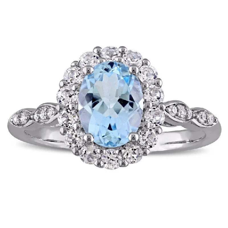 Dainty rings with subtle engraved star motifs -Miadora 14k White Gold Oval-cut Sky Blue Topaz White Topaz and Diamond Accent Halo Engagement Ring