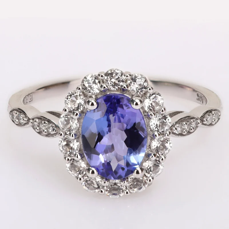 Rings with smoky quartz for muted elegance -Miadora 14k White Gold Oval-cut Tanzanite, White Topaz and Diamond Accent Halo Cocktail Ring