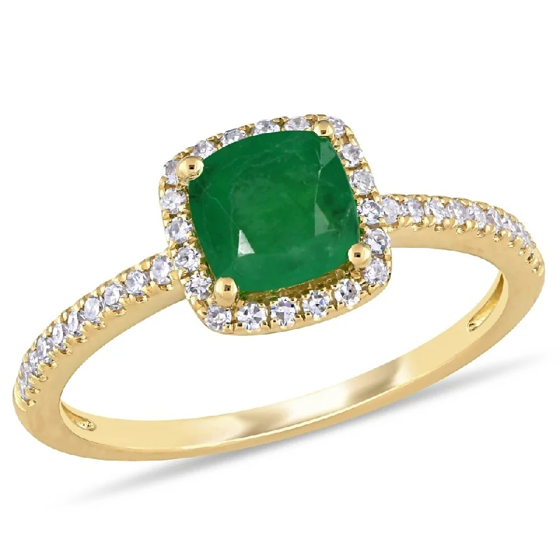 Rings with raw topaz for icy charm -Miadora 14k Yellow Gold Cushion-cut Emerald & 1/5ct TDW Diamond Halo Engagement Ring