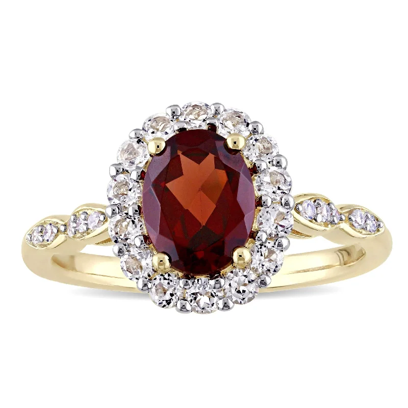 Rings with hexagon-cut stones for trendiness -Miadora 14k Yellow Gold Garnet, White Topaz and Diamond Accent Vintage Halo Ring - Red