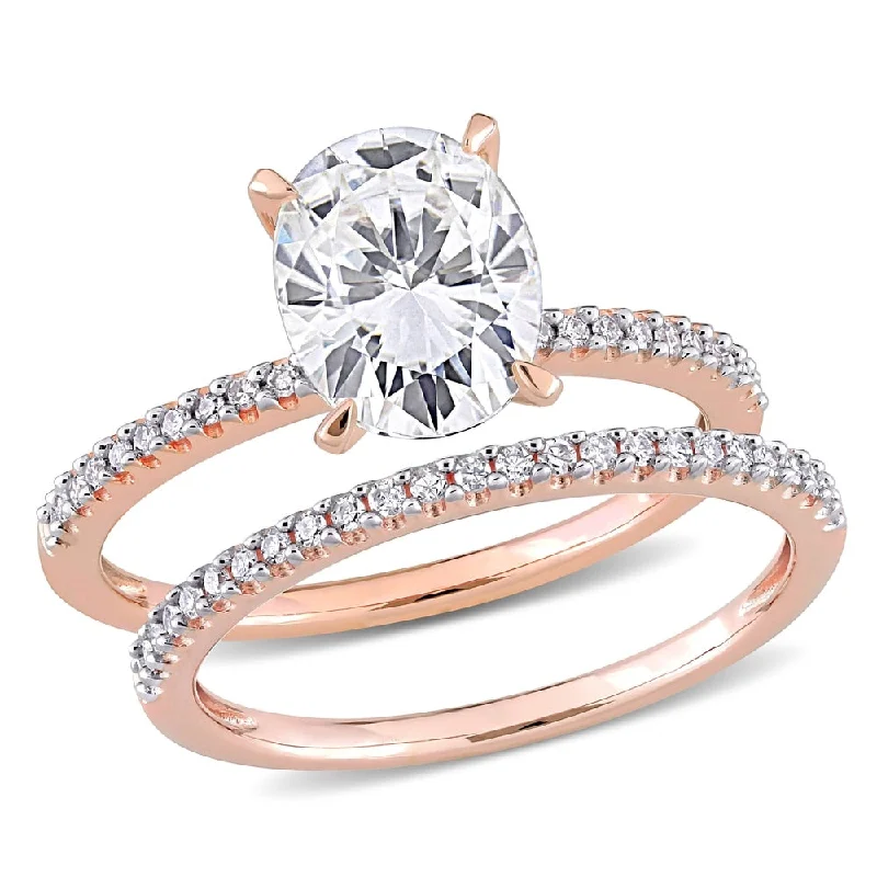 Rings with spiral designs for eye-catching twist -Miadora 2ct DEW Oval-Cut Moissanite and 1/4ct TDW Diamond Bridal Ring Set in 14k Rose Gold