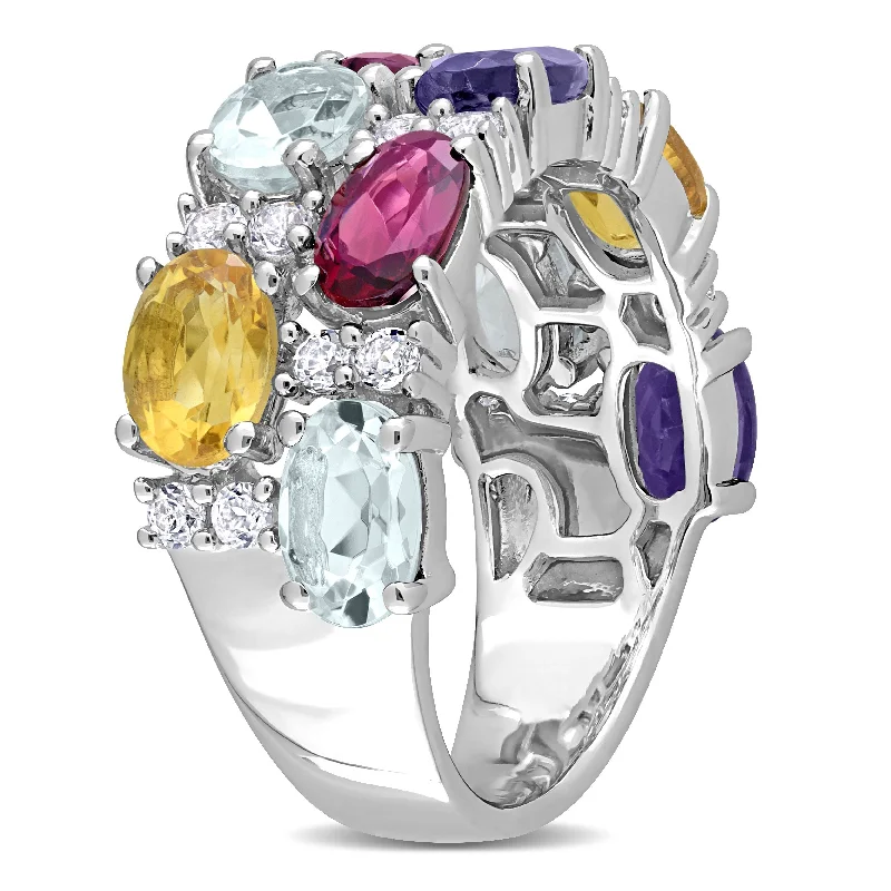 Rings with double bands for modern twist -Miadora Aquamarine, Rhodolite, Citrine, Iolite & White Topaz Mosaic Ring in Sterling Silver