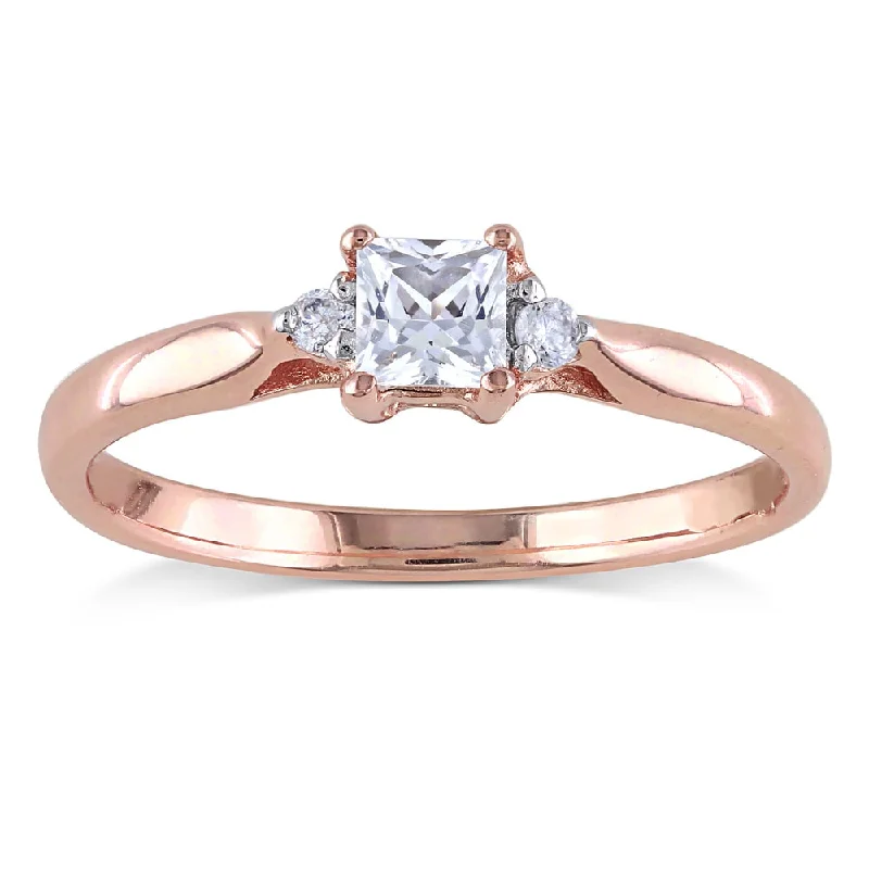 Rose gold rings featuring delicate pearl inlays -Miadora Rose Plated Silver Created White Sapphire and Diamond Accent 3-stone Ring