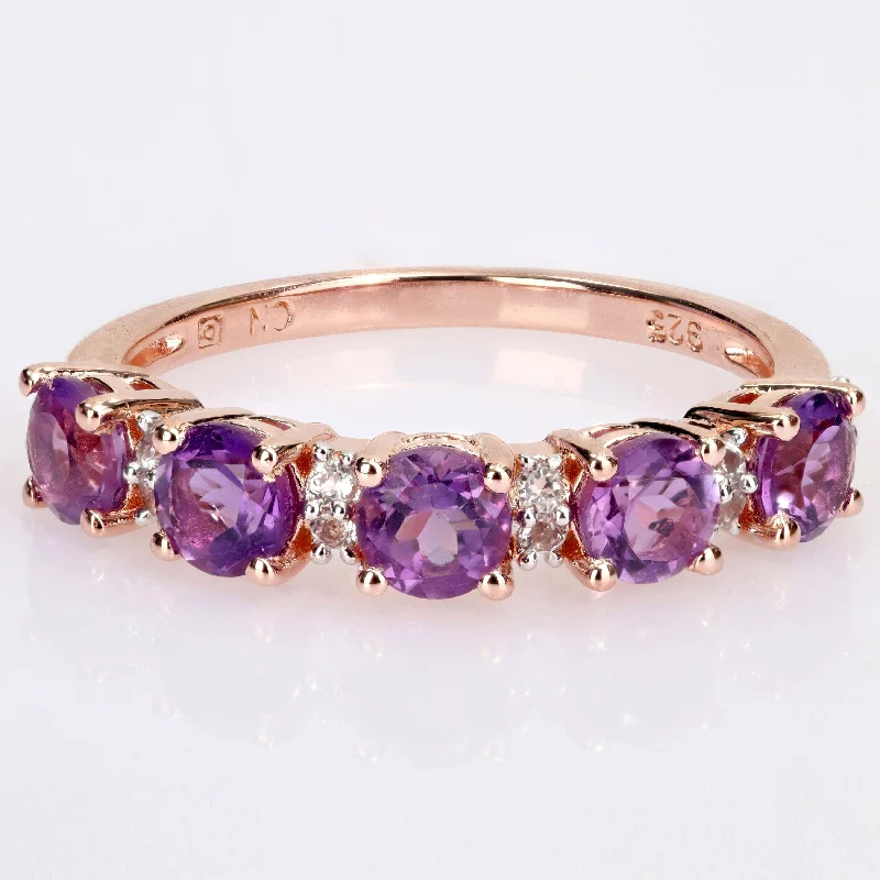 Platinum rings with sparkling sapphire center stones -Miadora Rose Plated Sterling Silver Amethyst and White Topaz Stackable Eternity Wedding Band Ring