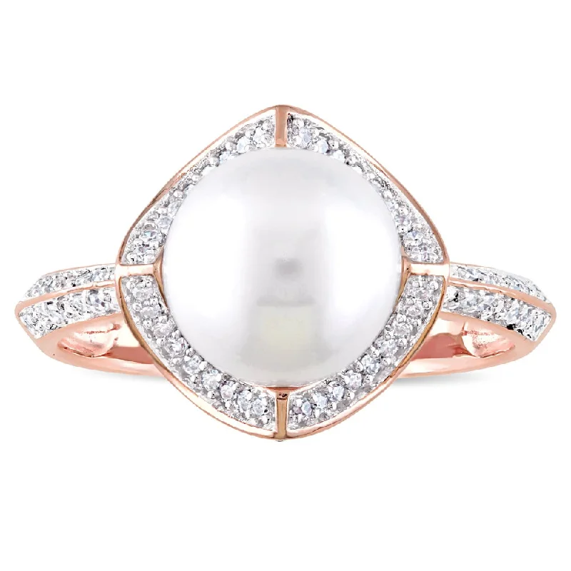 Sterling silver rings with vibrant turquoise stones -Miadora Signature Collection 10k Rose Gold Cultured Freshwater Pearl an 1/4ct TDW Diamond Halo State - White