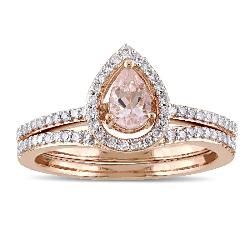 Rings with hexagon-cut stones for trendiness -Miadora Signature Collection 10k Rose Gold Pear-Cut Morganite and 1/3ct TDW Diamond Halo Bridal Set - Pink