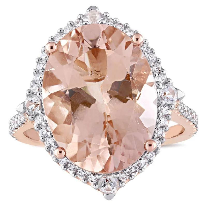 Rings with star sapphire for unique glow -Miadora Signature Collection 14k Rose Gold Morganite White Sapphire and 3/8ct TDW Diamond Halo Cockt - Pink