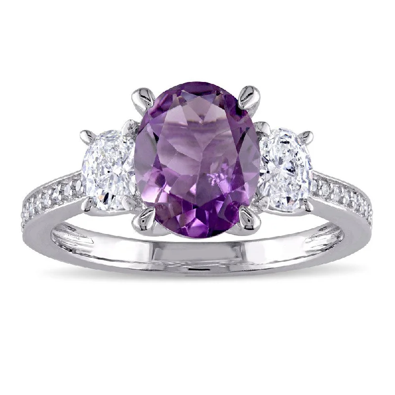 Rings with engraved constellations for stargazers -Miadora Signature Collection 14k White Gold Amethyst and 5/8ct TDW Oval and Round Diamond Engagement Ring (G-H, I1-I2) - Purple