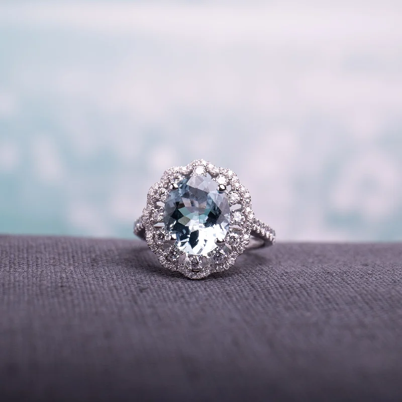 Rings with gothic-inspired skull motif details -Miadora Signature Collection 14k White Gold Aquamarine and 3/4ct TDW Diamond Vintage-Inspired Floral - Blue