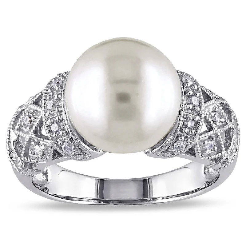 Rings with adjustable bands for perfect fit -Miadora Silver Cultured White Pearl and 1/10ct TDW Diamond Ring (H-I, I2-I3)