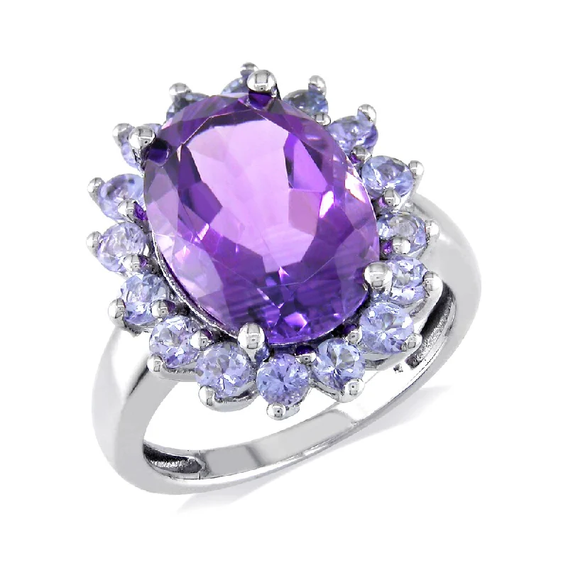 Rings with bezel-set peridot for safety -Miadora Sterling Silver Amethyst and Tanzanite Cocktail Ring