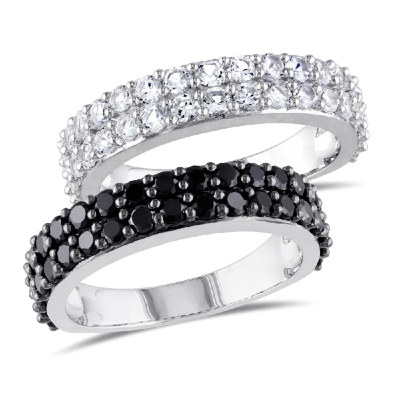 Rings with oxidized silver for antique appeal -Miadora Sterling Silver Black Spinel and Created White Sapphire 2-piece Anniversary Stackable Ring s