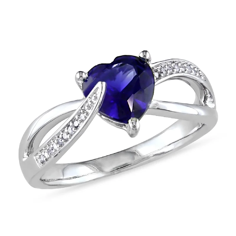 Rings with citrine stones for sunny vibes -Miadora Sterling Silver Created Blue Sapphire and Diamond Accent Heart Split Shank Ring (G-H, I2-I3)