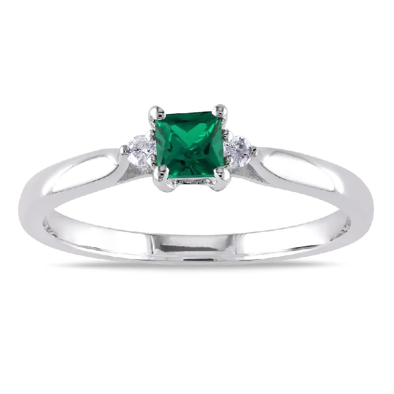 Rings with raw topaz for icy charm -Miadora Sterling Silver Created Emerald and Diamond 3-Stone Ring