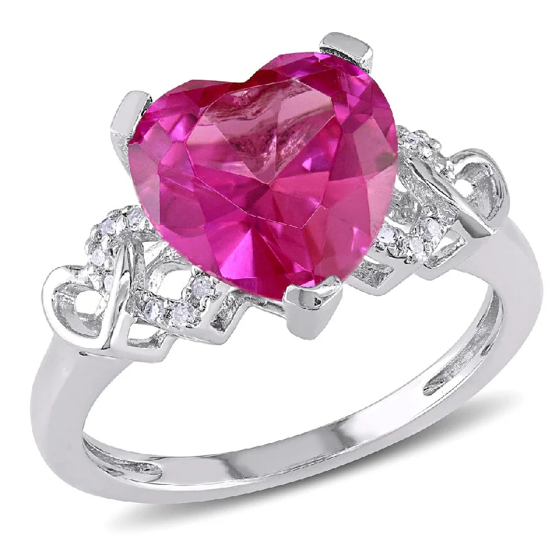 Rings with vine-wrapped bands for nature -Miadora Sterling Silver Created Pink Sapphire and Diamond Accent Heart Ring