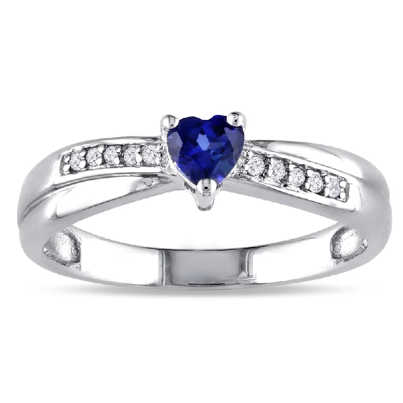 Rings with adjustable bands for perfect fit -Miadora Sterling Silver Created Sapphire and Diamond Accent Heart Crossover Ring