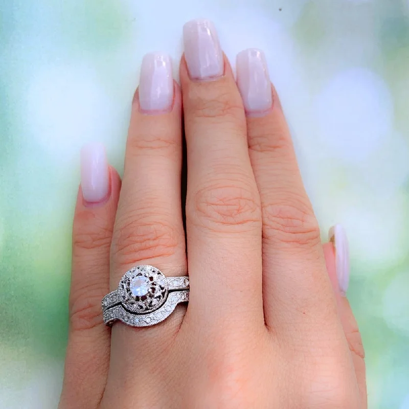 Vintage rings with engraved floral band designs -Miadora Sterling Silver Created-white-sapphire and 1/10ct TDW Diamond Bridal Ring Set