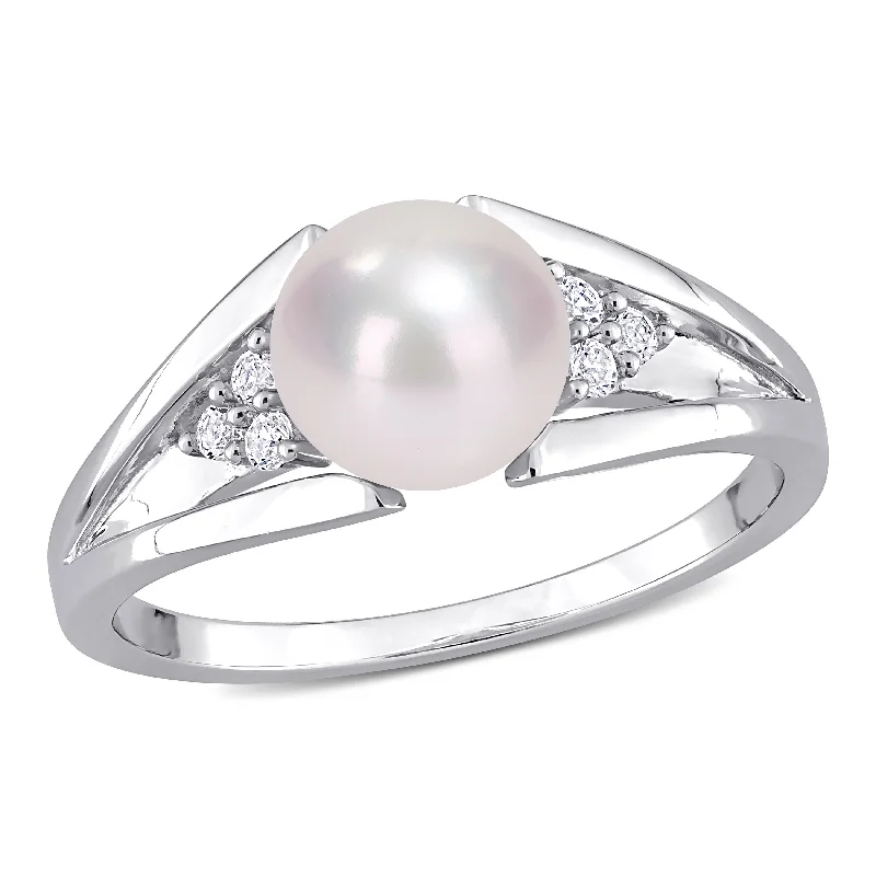 Rings with carved onyx for bold sleekness -Miadora Sterling Silver Cultured Freshwater Pearl & Diamond Accent Split Shank Ring (7-7.5mm)