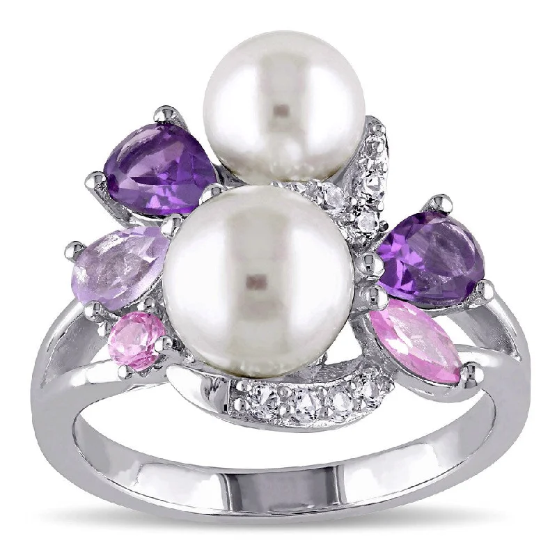 Rings with branch-inspired bands for organic -Miadora Sterling Silver Cultured Freshwater White Pearl, Amethyst, Created Sapphire and Rose de Fran