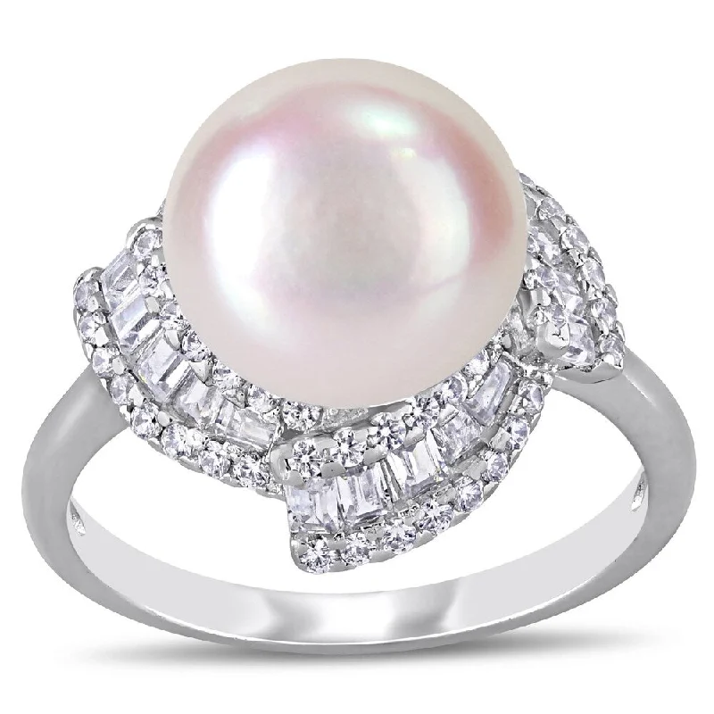 Rings with matte gold for subtle luxury -Miadora Sterling Silver Cultured FW Pearl and CZ Swirl Halo Ring (10-11 mm)