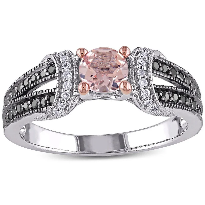 Rings with star sapphire for unique glow -Miadora Sterling Silver Morganite and 1/4ct TDW Black and White Diamond Engagement Ring (G-H, I1-I2)