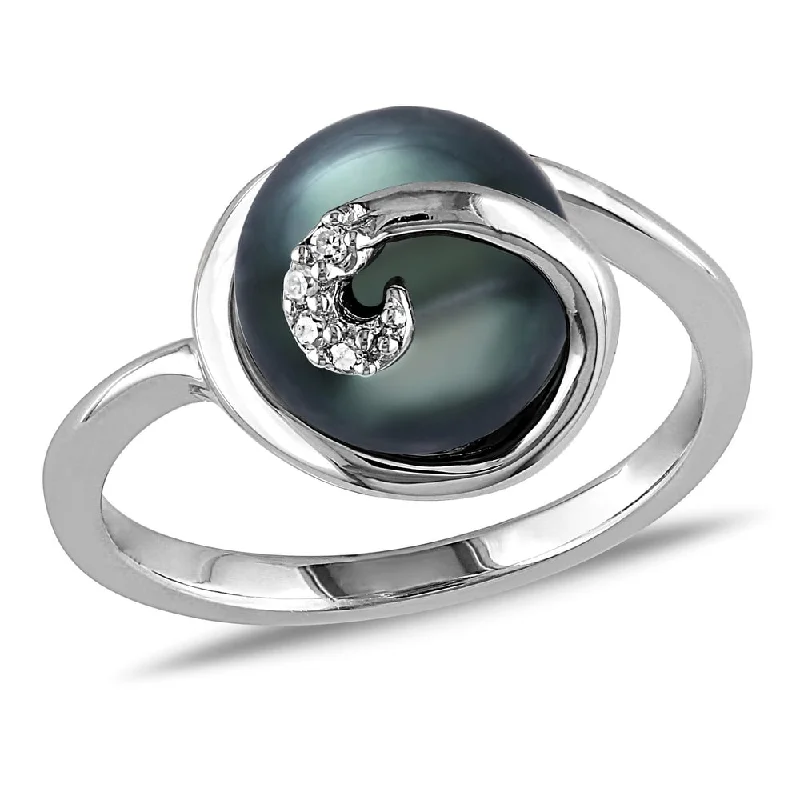 Rings with lapis lazuli for rich blue -Miadora Sterling Silver Tahitian Pearl and Diamond Accent Cocktail Ring - Black