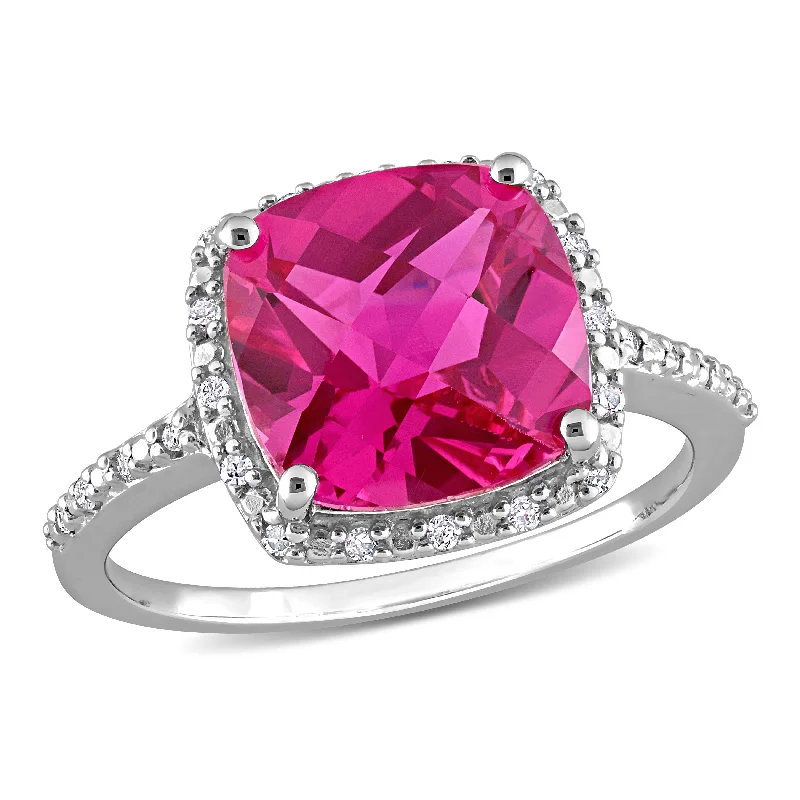 Rings with wide bands for statement wear -Mimi & Max 1/10ct TW Diamond and 5 3/4ct TGW Cushion Cut Created Pink Sapphire Halo Ring in Sterling Silver