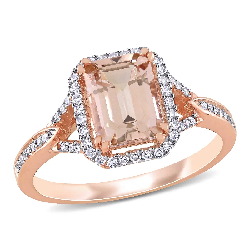 Rings with faceted aquamarine for sea glow -Mimi & Max 1 3/5ct TGW Octagon Shape Morganite and 1/5ct TW Diamond Halo Ring in 14k Rose Gold