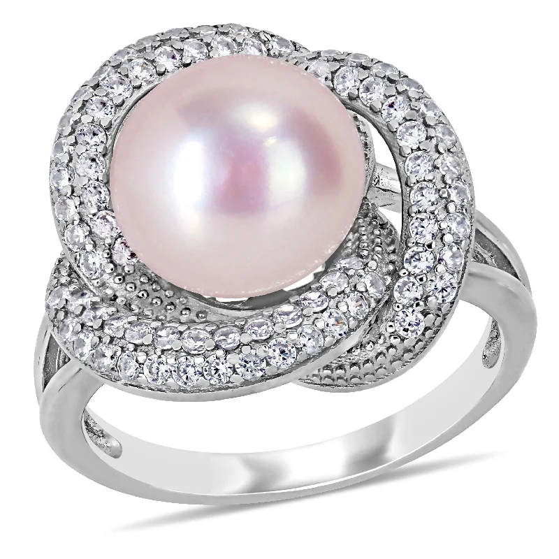 Rings with floral amethyst for romantic touch -Mimi & Max 10.5-11mm Pink Cultured Freshwater Pearl and 3/4ct TGW Cubic Zirconia Interlaced Ring in Sterling Silver