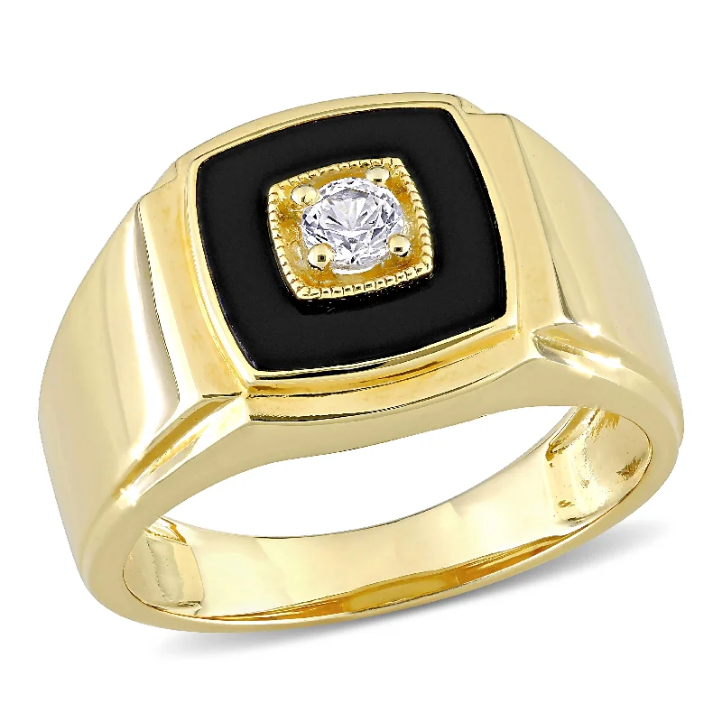 Rings with smoky quartz for muted elegance -Mimi & Max 2 1/2ct TGW Black Onyx and Created White Sapphire Square Men's Ring In Yellow Silver