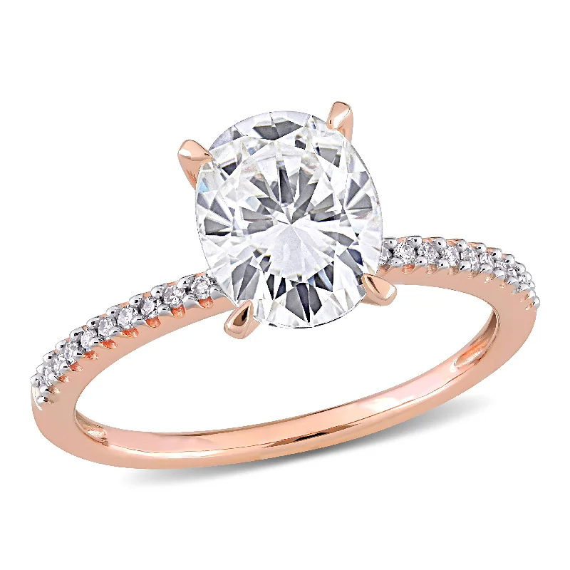 Rings with gothic rose quartz for drama -Mimi & Max 2ct DEW Created Moissanite Oval Solitaire and 1/10ct TW Diamond Engagement Ring in 14k Rose Gold