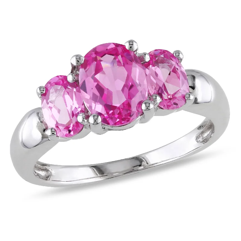 Rings with floral halo diamond arrangements -Mimi & Max 3 1/6ct TGW Oval Cut Created Pink Sapphire 3-Stone Ring in Sterling Silver