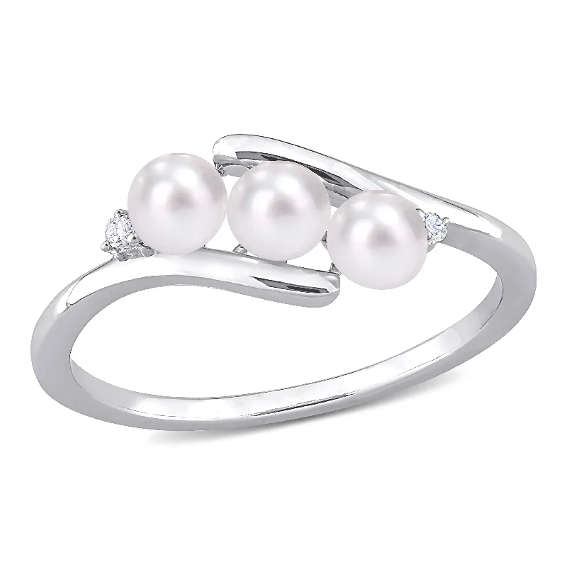 Rings with sleek black agate for edge -Mimi & Max 3.5-4mm Cultured Freshwater Pearl and Diamond Accent 3-Stone Bypass Ring in Sterling Silver