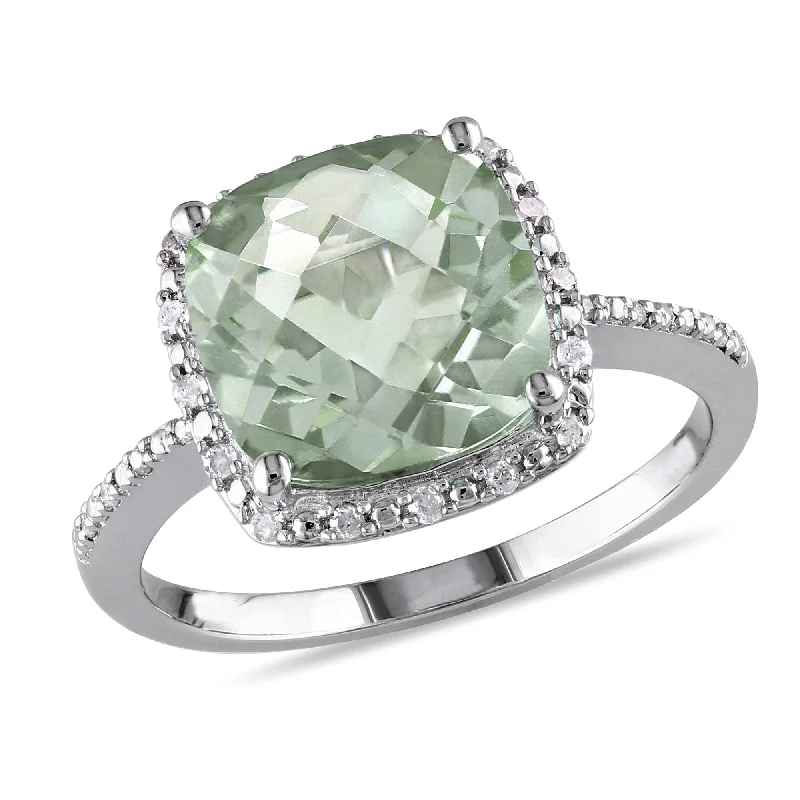 Platinum rings with sparkling sapphire center stones -Mimi & Max 4ct TGW Cushion Cut Green Quartz and 1/10ct TDW Diamond Halo Ring in Sterling Silver