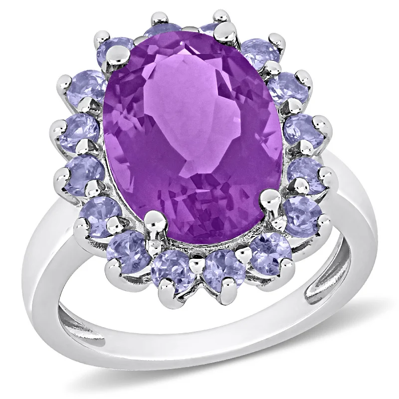 Rings with herkimer diamonds for raw clarity -Mimi & Max 5 7/8ct TGW Oval Amethyst and Tanzanite Halo Cocktail Ring in Sterling Silver