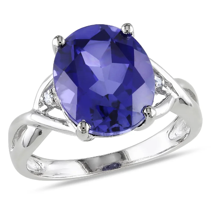 Rings with vintage-inspired rose-cut diamonds -Mimi & Max 7 1/2ct TGW Oval-Cut Created Blue Sapphire and Diamond Accent Ring in Sterling Silver