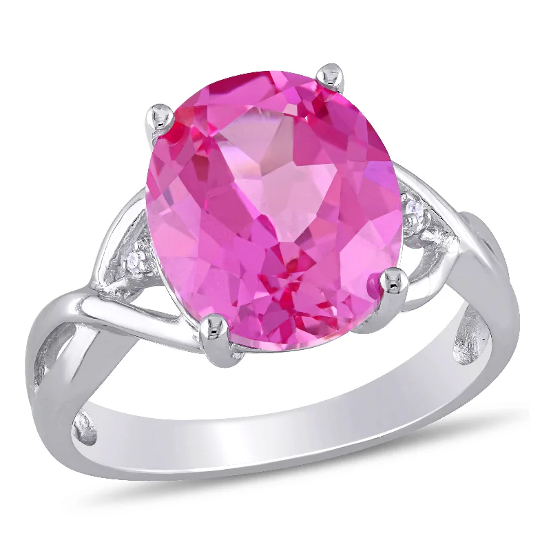 Rings with fluorite stones for rainbow shine -Mimi & Max 7 1/2ct TGW Oval-Cut Created Pink Sapphire and Diamond Accent Ring in Sterling Silver